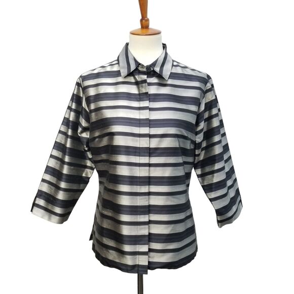 Preston & York Women Silk Boxy 3/4 Sl Collared Striped Silver Black Jacket Sz S - Picture 3 of 10